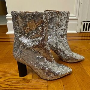 IRO Abelin Sequined Mesh Ankle Boots Size 36 Silver Pointed Toe Stacked